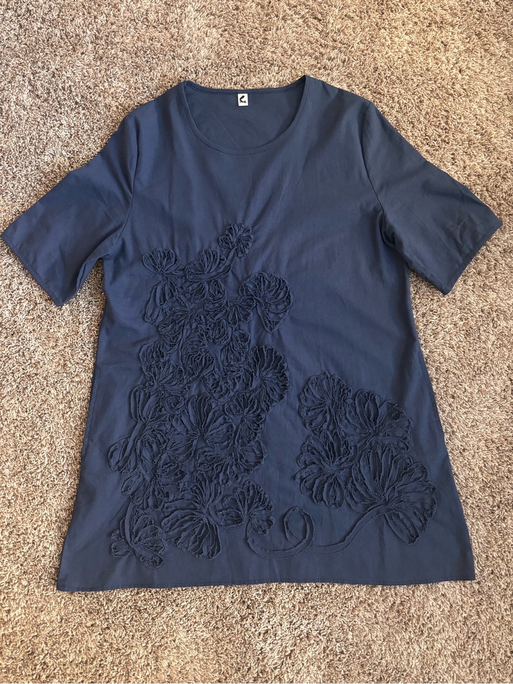 Navy Floral Appliqué Tunic/Mini Dress • Artsy Lagenlook Pocket Dress Size L - Picture 2 of 9